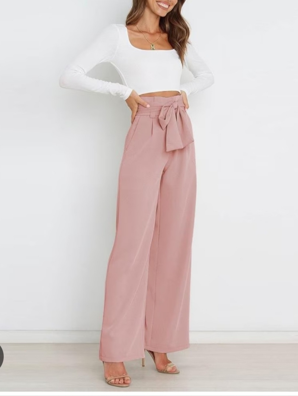 High-Waist Wide Leg Tie-Waist Pants - Pink
